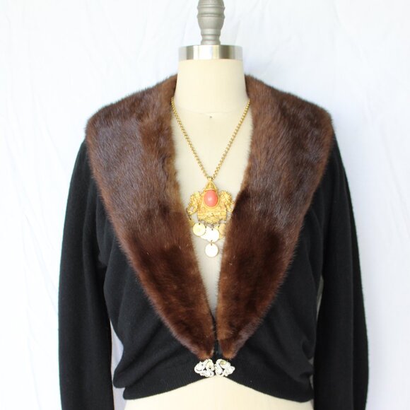 Bernard Altman black Cashmere cardigan brown Mink Collar vintage dress sweater - Picture 3 of 9